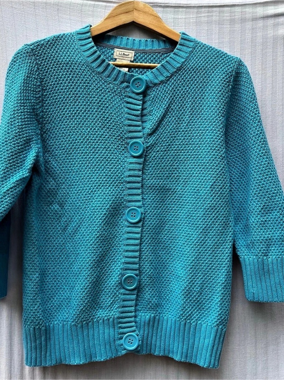 LL Bean Blue 100% Cotton Textured Knit Button Cardigan Sweater M Med Grandmacore